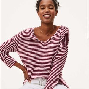 Loft Red Striped Split Back 3/4 Sleeve Sweater
